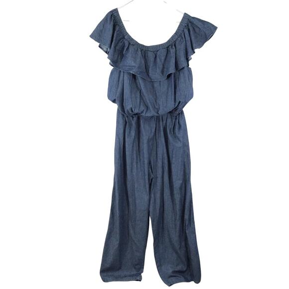 ASHLEY STEWART! BLUE DENIM RUFFLED SHOULDER ONE PIECE JUMPSUIT, ONESIE! SZ 22 - Picture 2 of 10